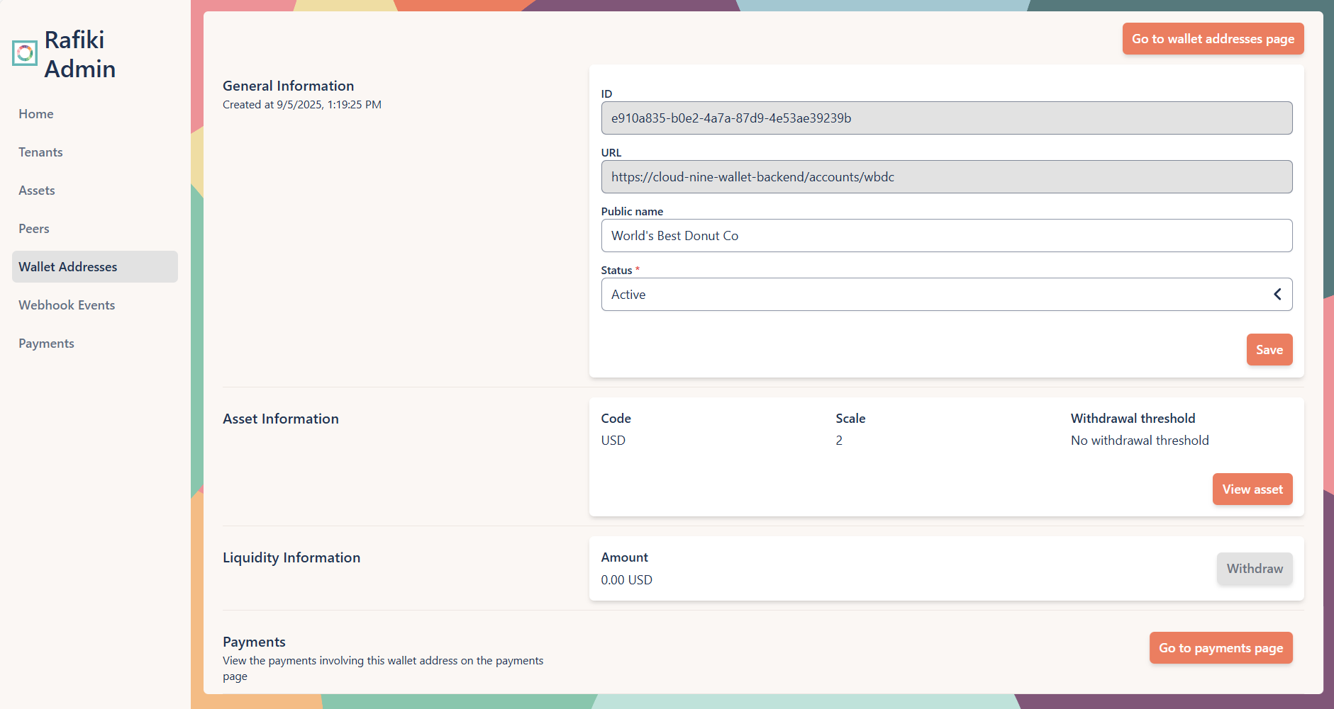 A screenshot of the Rafiki Admin application user interface displaying the "Edit Wallet Address" section. It shows several text fields configured for an existing wallet address. This page is used to view and edit wallet address details.